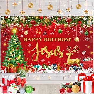 Happy Birthday Jesus Backdrop Red Christmas Jesus Birthday Decorations Winter Party Banner Decorations Supplies Photo Shoot Props 70.8 x 43.3 inch
