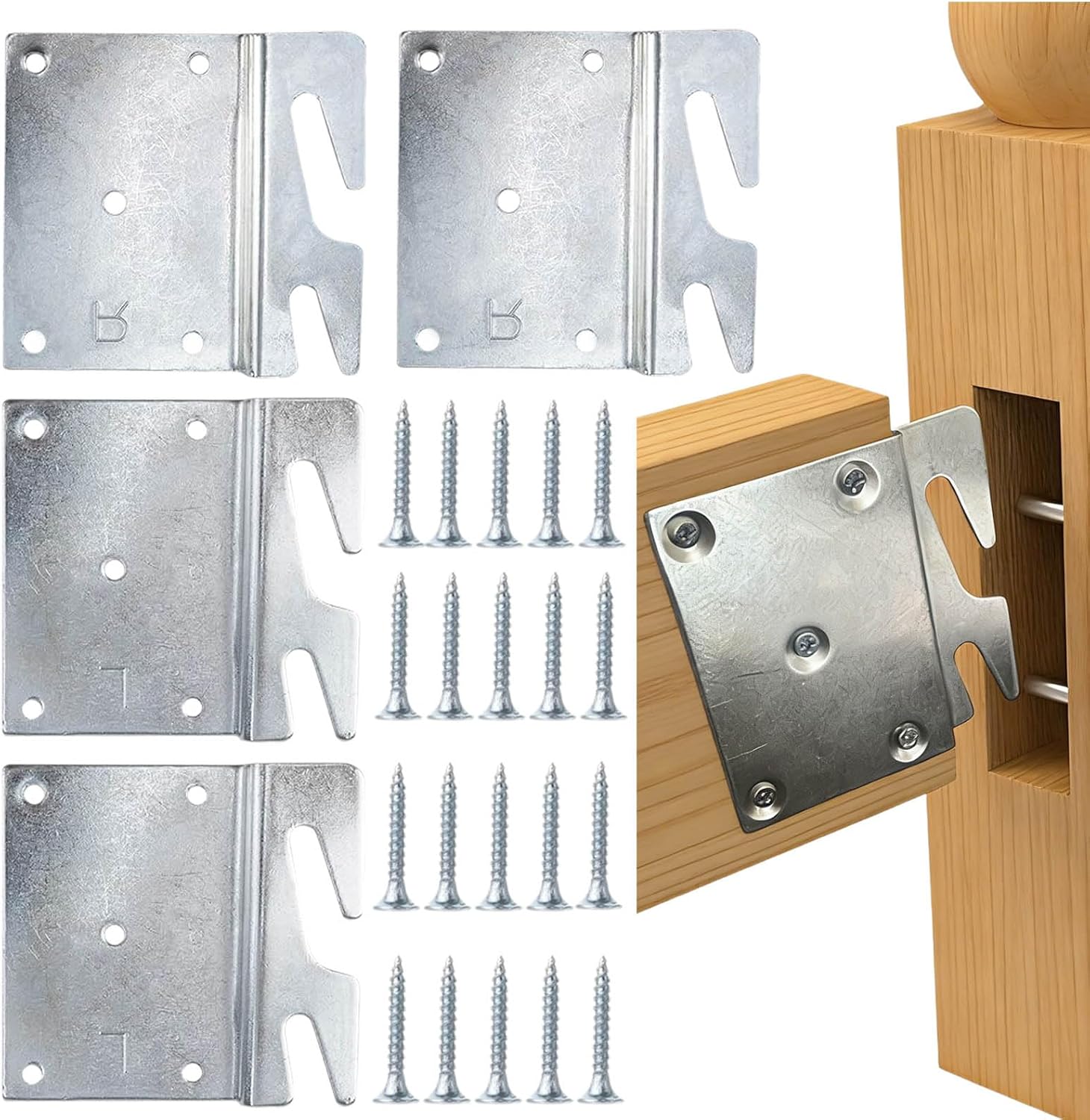4 Pcs Bed Rail Hooks Plates, Universal Bed Frame Brackets for Headboard Footboard, Replacement Parts with Mounting Screws (96x93mm/3.78x3.66inch)