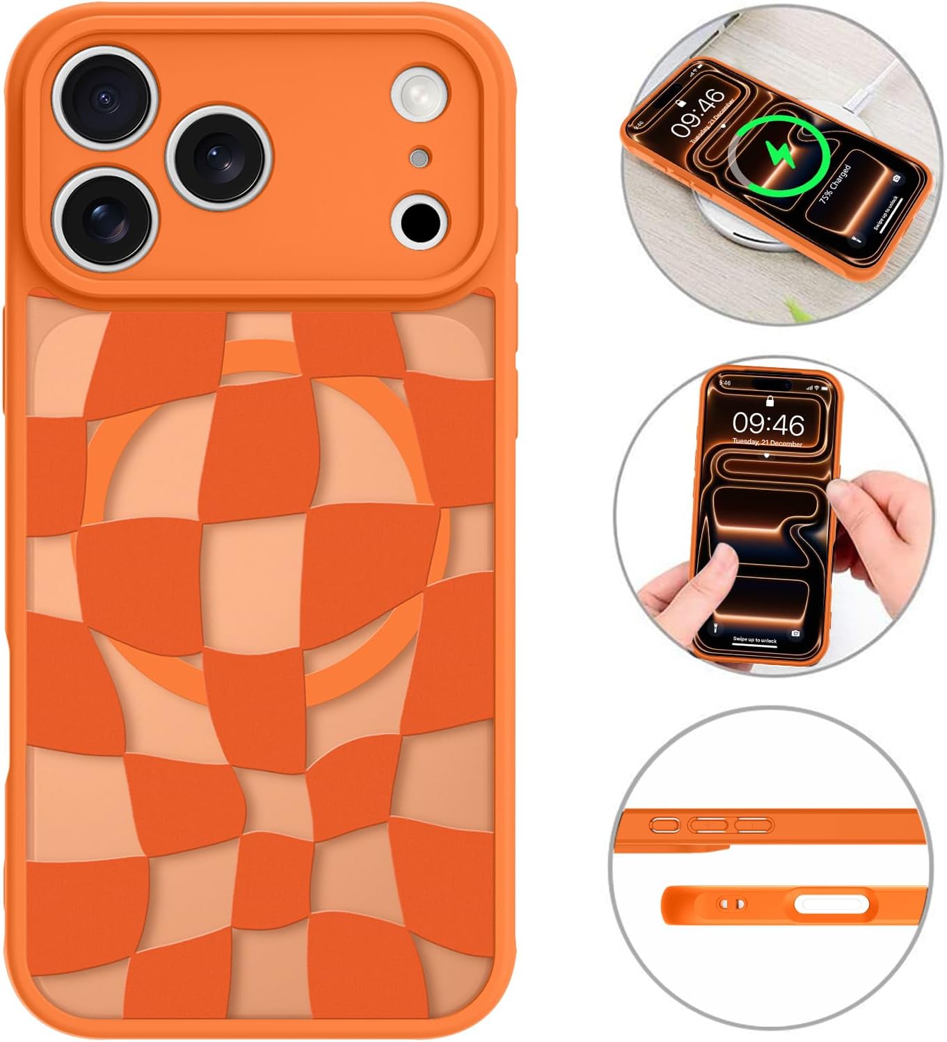 MZELQ Magnetic Case for iPhone 17 Pro Max 6.9 Inch, Clear Checkered [Compatible with Magsafe Charging] Translucent Matte Hard Shockproof Camera Protection Cover for Women Men, Frosted Orange