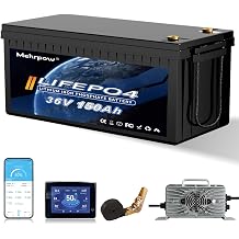 36V 150Ah LiFePO4 battery, built-in Bluetooth 200A BMS and LCD display, IP65 waterproof and dustproof, equipped with 43.8V 25A lithium battery charger, peak current 1000A