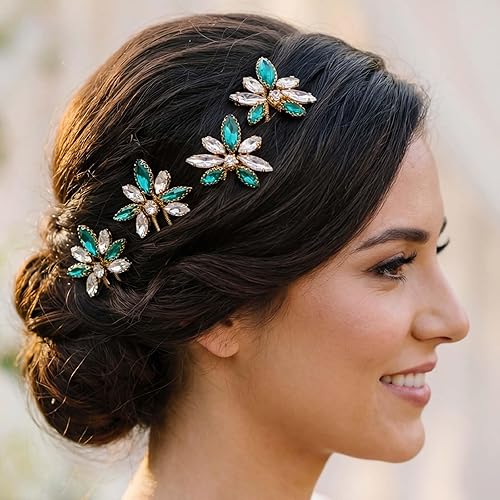 Miniatura 8 de Horquillas para el pelo de boda con diamantes de imitación dorados, horquilla de cristal verde, accesorios para el cabello para mujeres y niñas