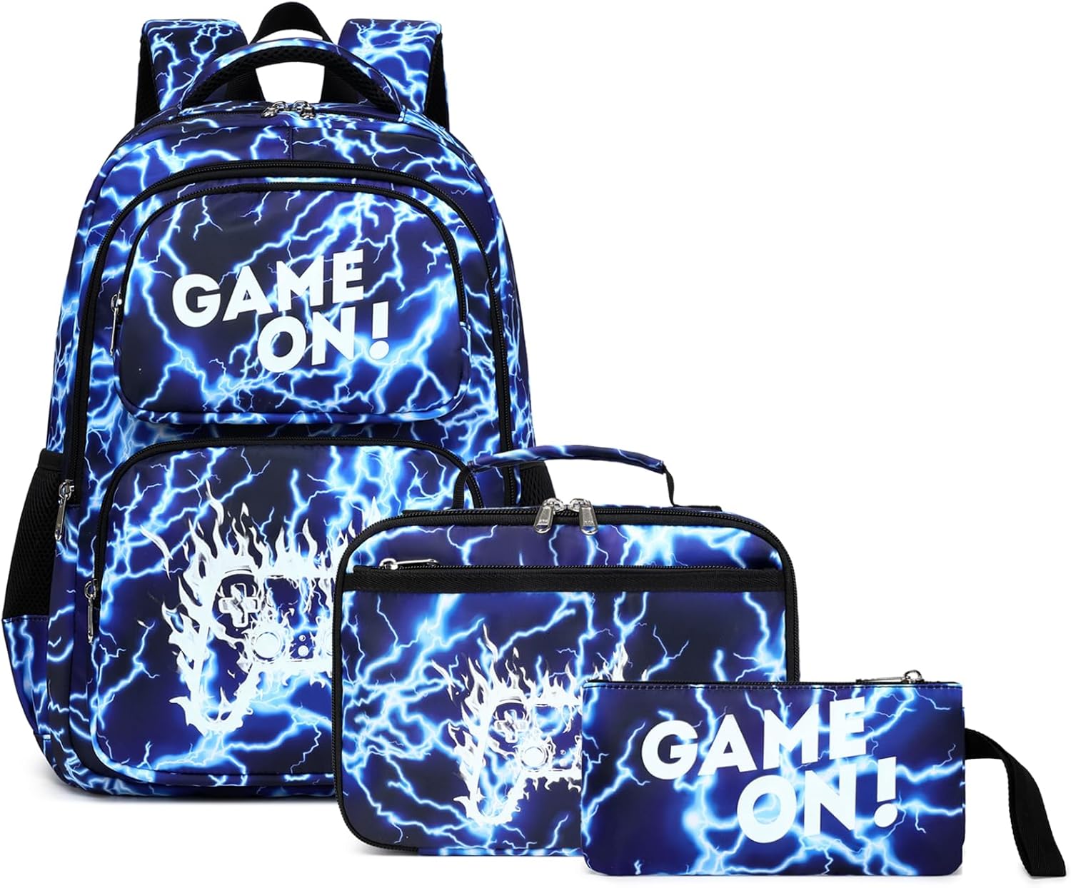 Octsky School Backpack for Boys, Kids Flame Game Bookbag with Lunch Box, Luminous Lightning