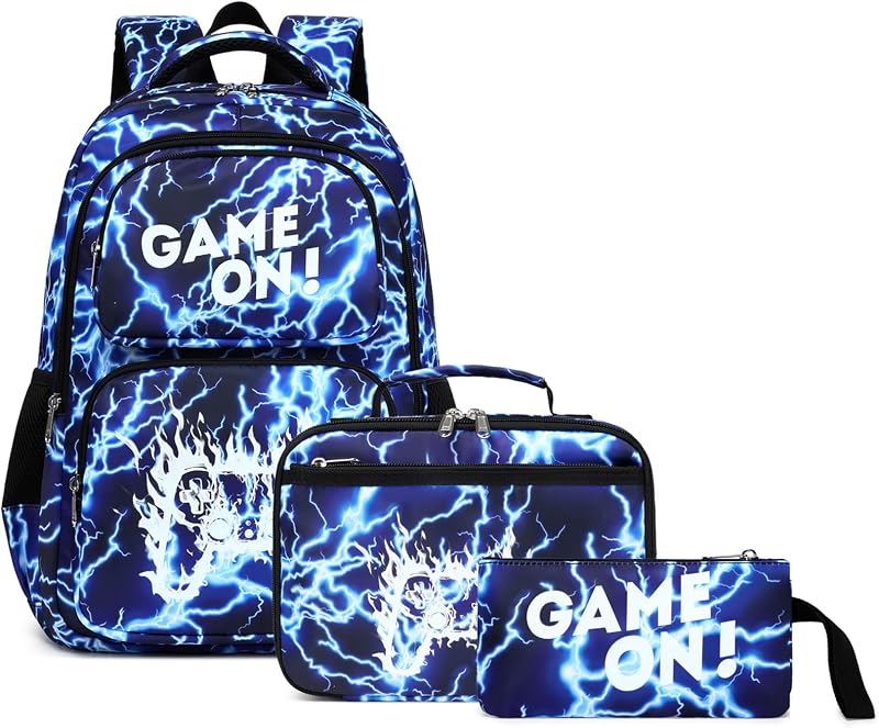 Octsky School Backpack for Boys, Kids Flame Game Bookbag with Lunch Box, Luminous Lightning