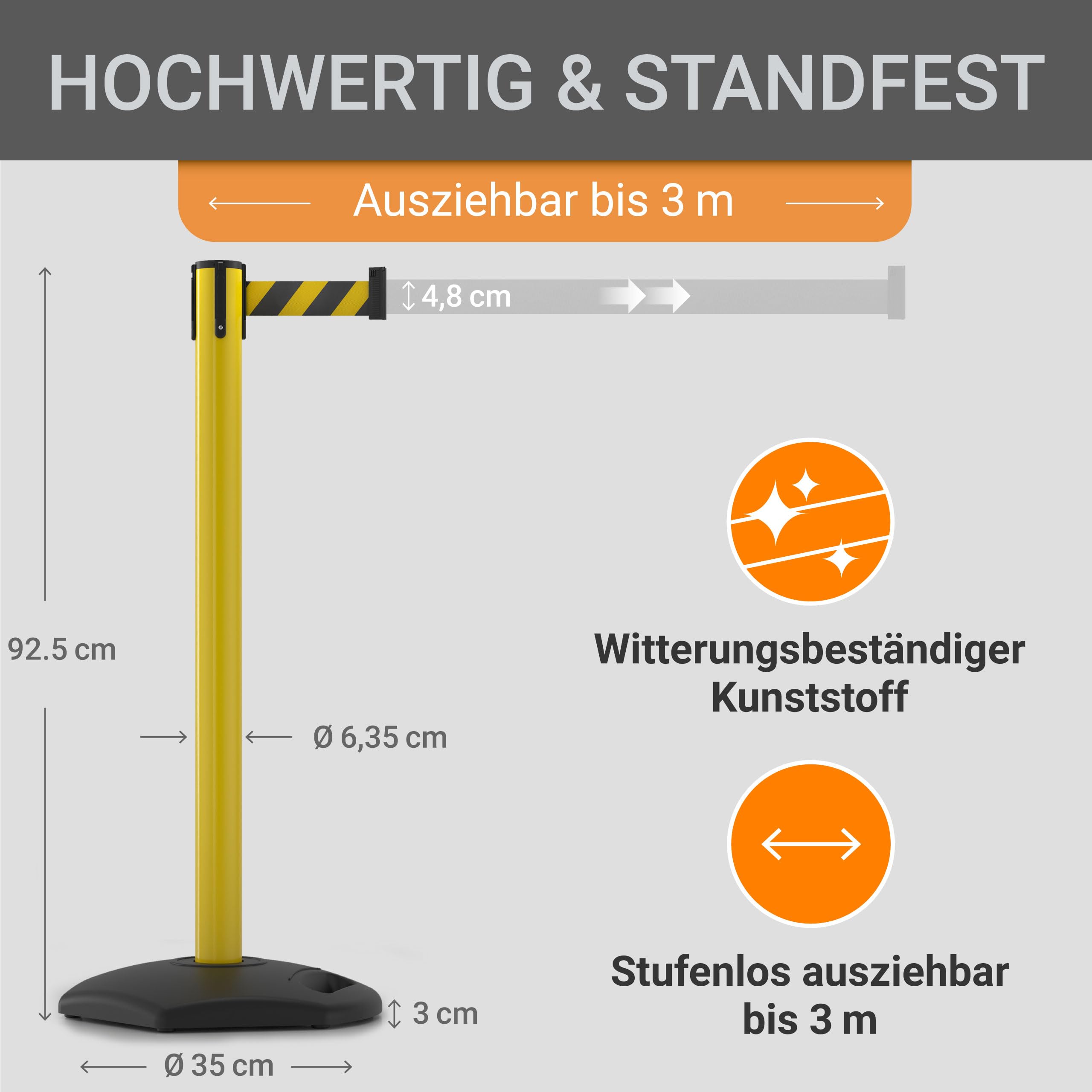 wolk Gurtpfosten 4er Set Gelb 3 m, Absperrpfosten Personenleitsystem | 4 Kunststoff Absperrständer mit 3 m gelb-schwarzem Gurtband für Sicherheitsbereiche, Baustellen und Veranstaltungen