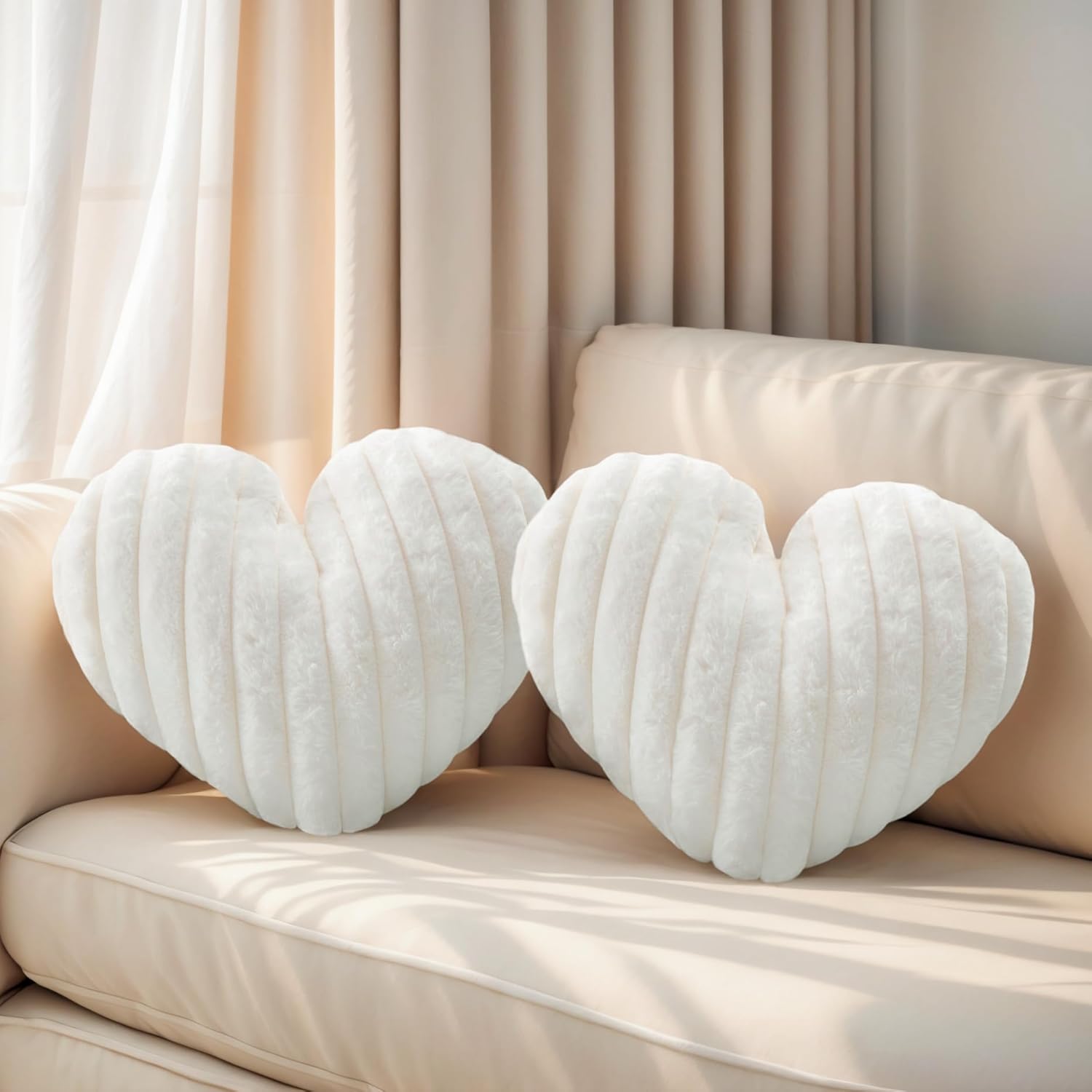 16 Inch Heart Pillow Cute Soft Decorative Throw Pillows, Heart Shaped Fluffy Faux Fur Pillows Cushions for Couch Sofa Bed Bedroom Room Home Decor Aesthetic (2, White, Medium-16 x13)