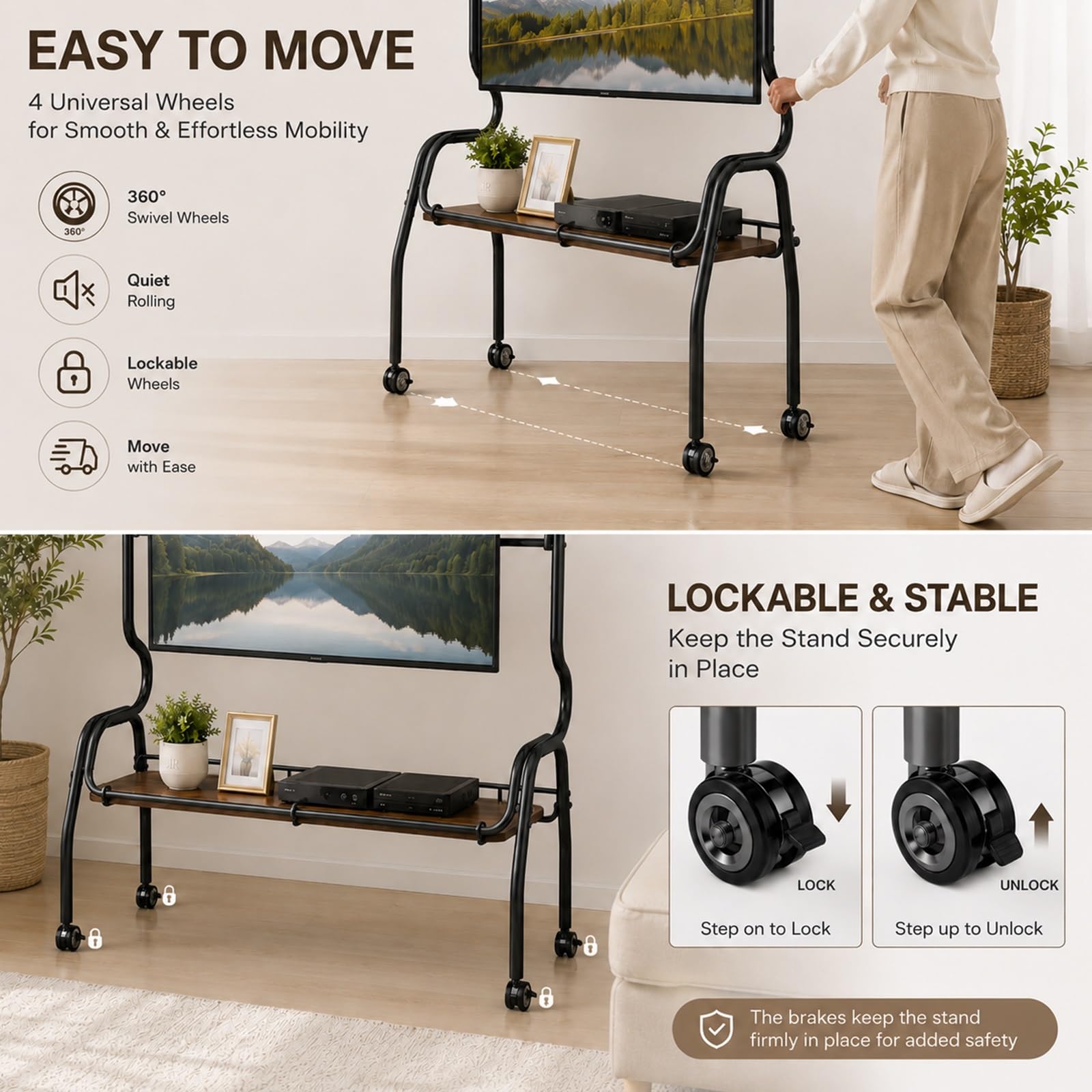Mobilny Stojak TV na Kółkach, Ruchomy Wózek TV z Drewnianą Półką | Do Telewizorów 32–75 Cali, Podstawa TV na Kółkach do Salonu Sypialni Biura(Brown,90cm/35inch)
