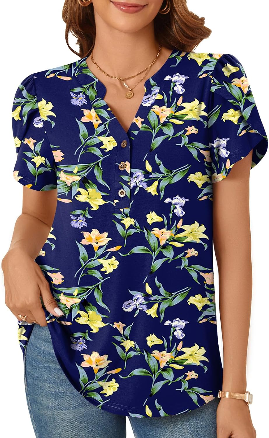 POPYOUNG Womens Plus Size Business Summer Henley Tunic Tops Button Down T-Shirts Petal Sleeve V-Neck Casual Blouses - Image 3