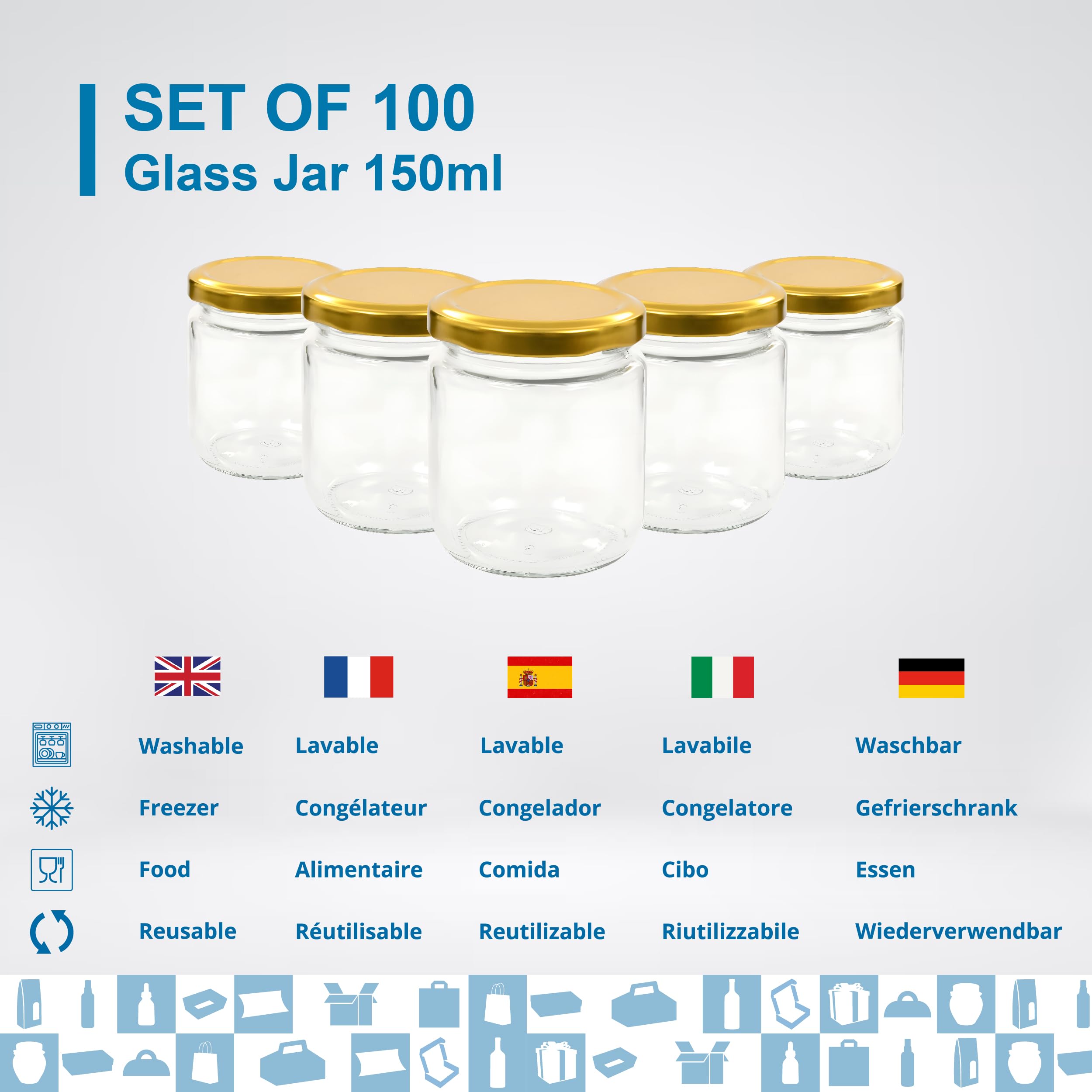 Espirito Rebelde - Lote de 100 tarros de cristal vacíos con tapa de 150 ml – Tarros para mermeladas, conservas, miel y yogur, regalos de boda