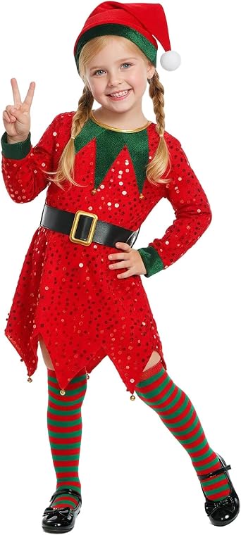 Girls Elf Costume Set Christmas Elf Dress Xmas Holiday Party Dress Outfit