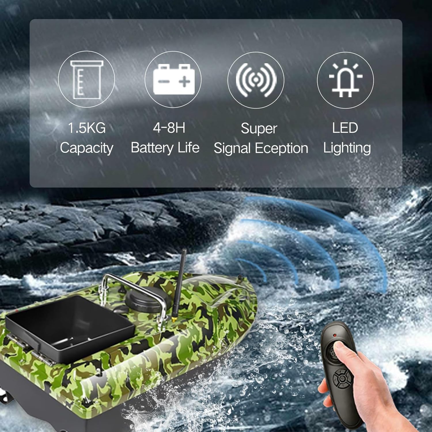 Barco cebador, Barco Cebo Vivo, 500m Mando a Distancia, Tolva de Carga de 1,5kg, Resistente al Viento y al oleaje, con Bolso de Mano,Black-2battery