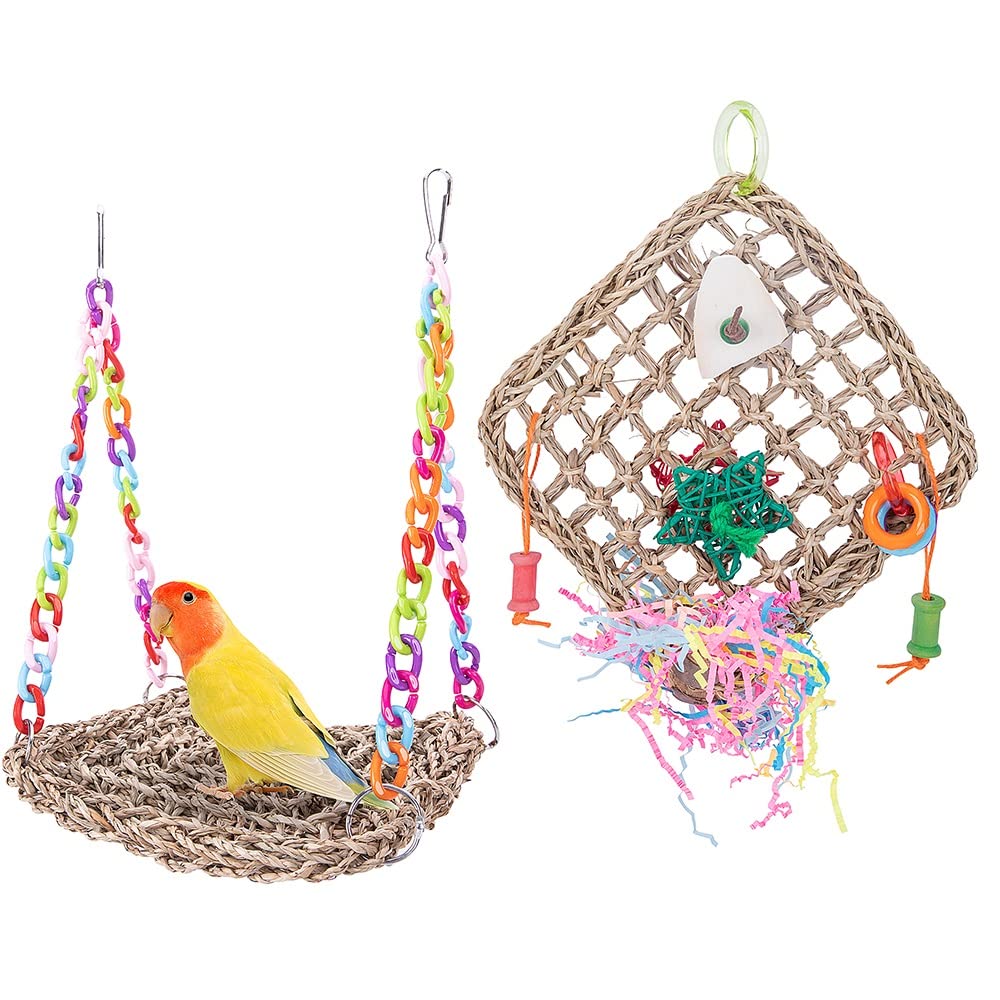 ArinkO Red de Escalada para Loros de Cuerda Natural, Juguete con Hueso de Sepia para Masticar, Entrenar y Jugar, Ideal para cacatúas, periquitos y Loros pequeños (Paquete de 3)