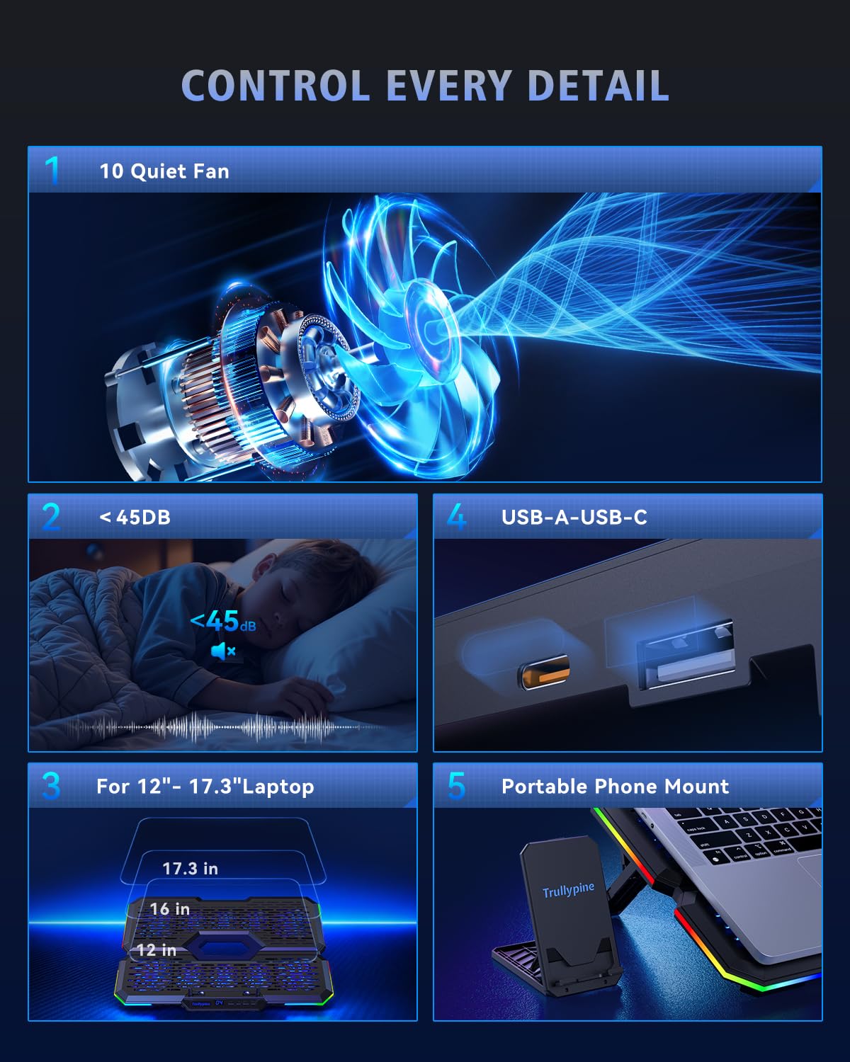 RGB Laptop Kühler mit 10 leisen Laptop Lüfter, 7 Fach verstellbar, USB-A/C, Handyhalterung, passend für 12–18,1 Zoll Laptops