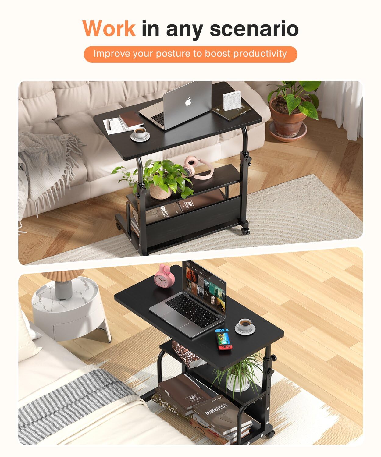 Escritorio portátil con ruedas de altura ajustable para espacios pequeños, escritorio de computadora de 32 pulgadas con estantes de almacenamiento para oficina en casa, color negro 2