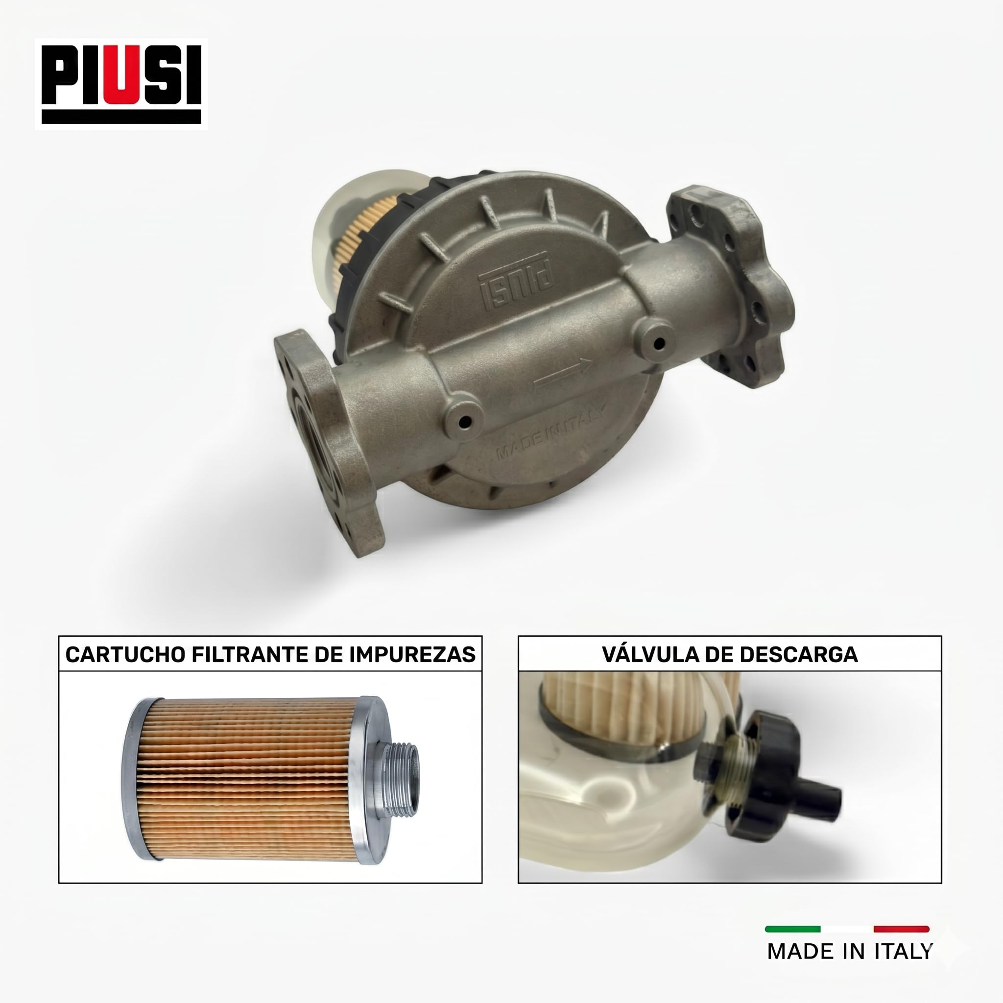 PIUSI Filtro para Diésel, Gasolina y Aceite con Cartucho Reemplazable, Kit Completo Soporte de Cabeza + 2x Cartuchos, Caudal 100 l/min, Presión 5 bar, Filtración de 5 Micrones | Clear Captor F00611B00 | Producto técnico para trasvase controlado de aceite