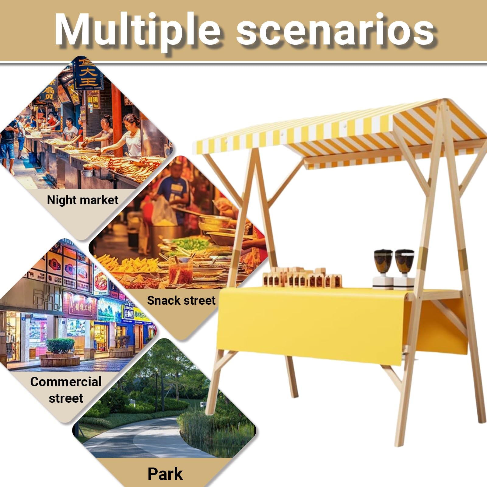Faltbarer Holzstand Mit Gestreiftem Dach Für Snacks, Mobiler Verkaufsstand Für Lebensmittel, Leichter Marktstand Für Bauernmärkte, Straßenfeste Und Outdoor-Events