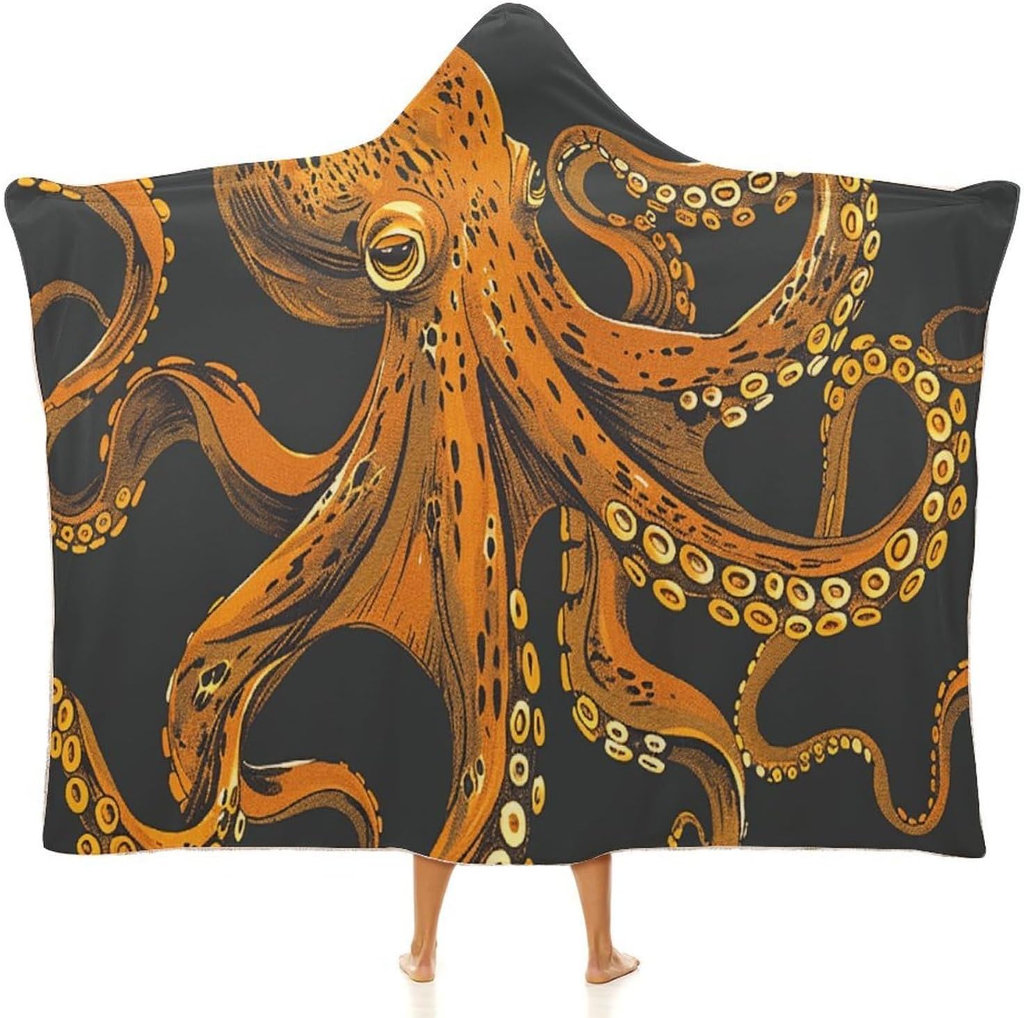 Orange Octopus Pattern Wearable Blanket Soft Blanket Hoodie Oversized Hoodie Blanket Sweatshirt for Men Women