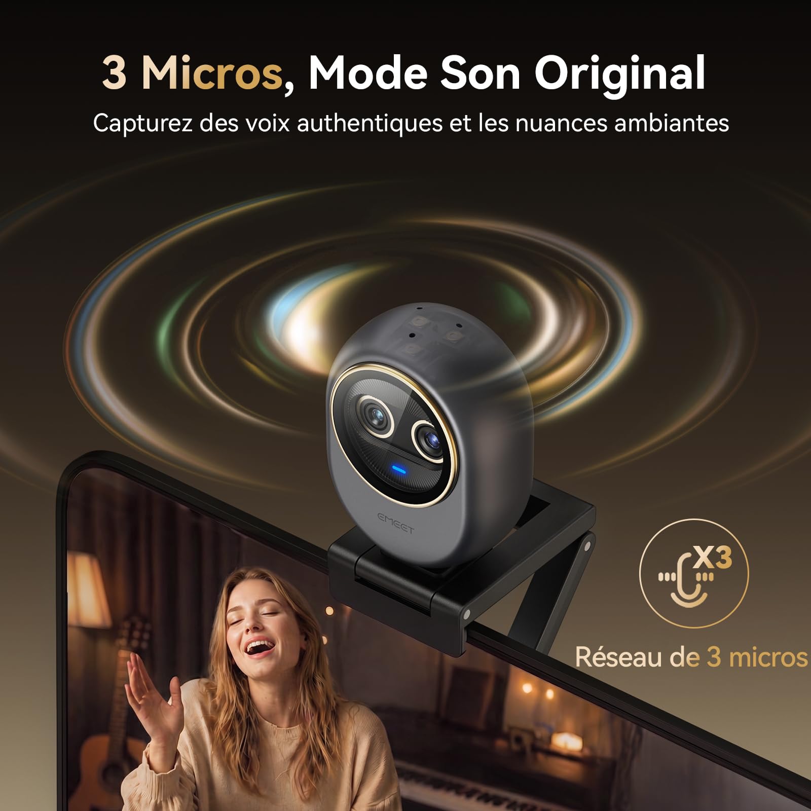 eMeet Piko Webcam 4K Streaming Double Objectif (Grand Angle & Téléobjectif), Zoom Hybride 11X, Autofocus 0,2s, Télécommande, 3 Micros, Cache Confidentialité Panda, USB-C Travail