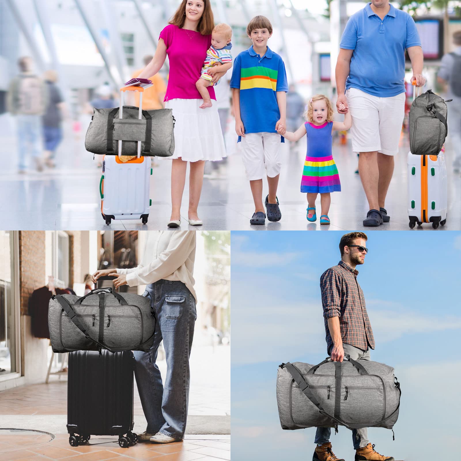 4 bolsas de lona de viaje de 65 l plegables con compartimento para zapatos y correa ajustable, bolsa de gimnasio impermeable, mochila de equipaje durante la noche, mochila de fin de semana 7