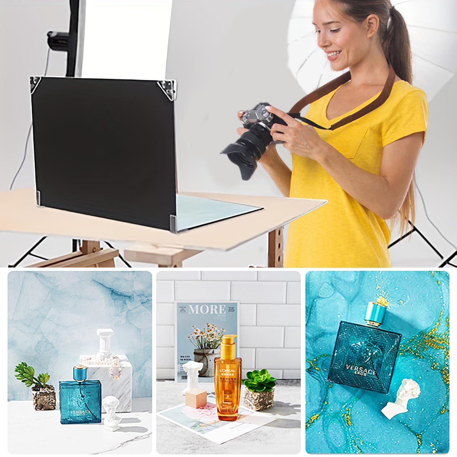 Fotohintergründe für Lebensmittelfotografie, 11 Stück, 22 Muster, kleines Produkt, Hintergrund-Tischplatten-Set, Flache Requisiten für Schmuck, Kosmetik, Make-up, 40,6 x 29,2 cm (Black White Brown)