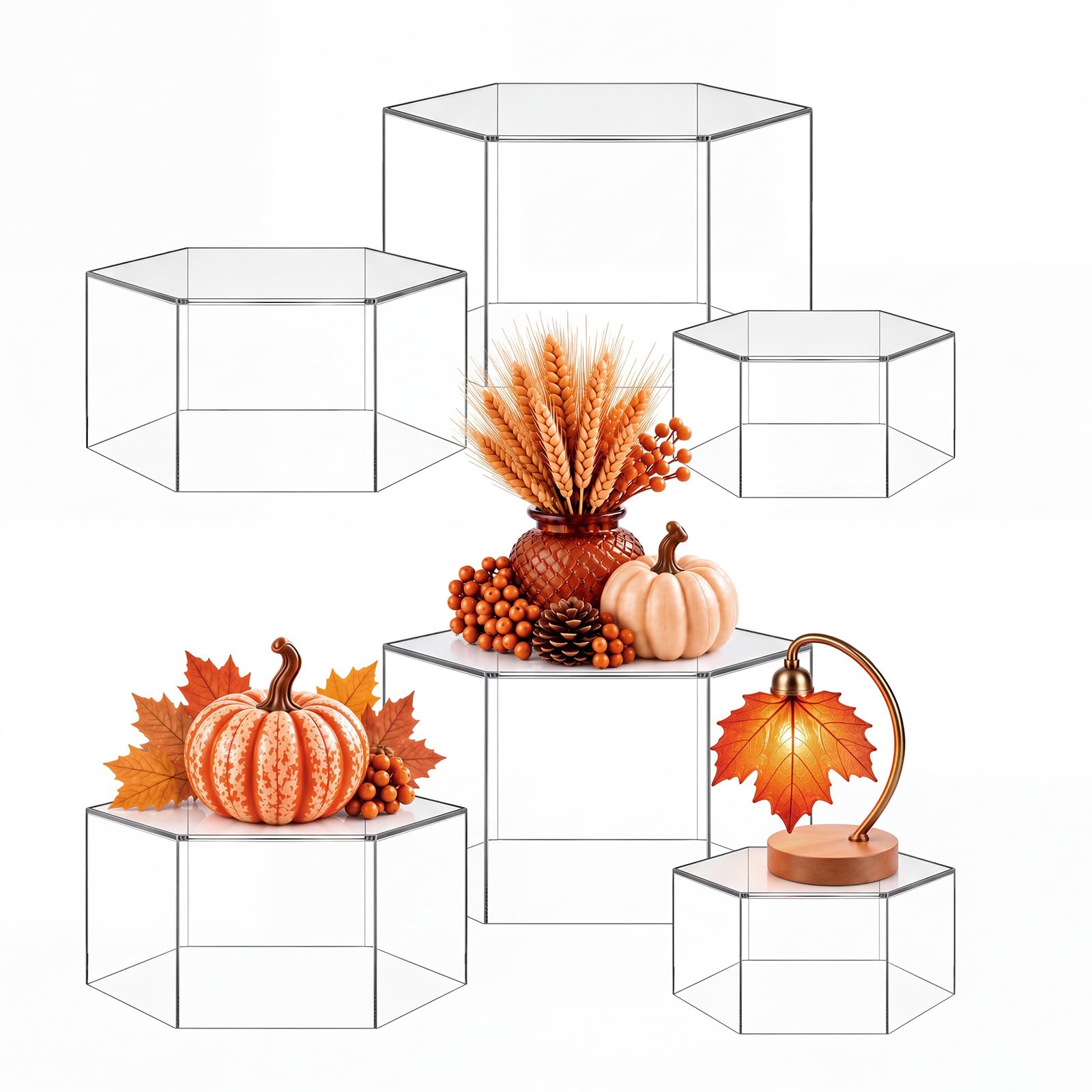 Jerify Acryl-Ständer, 15 cm, 13 cm, 8 cm, transparent, sechseckig, mit hohlem Boden, für Tischschmuck, 3 Größen, 6 Stück