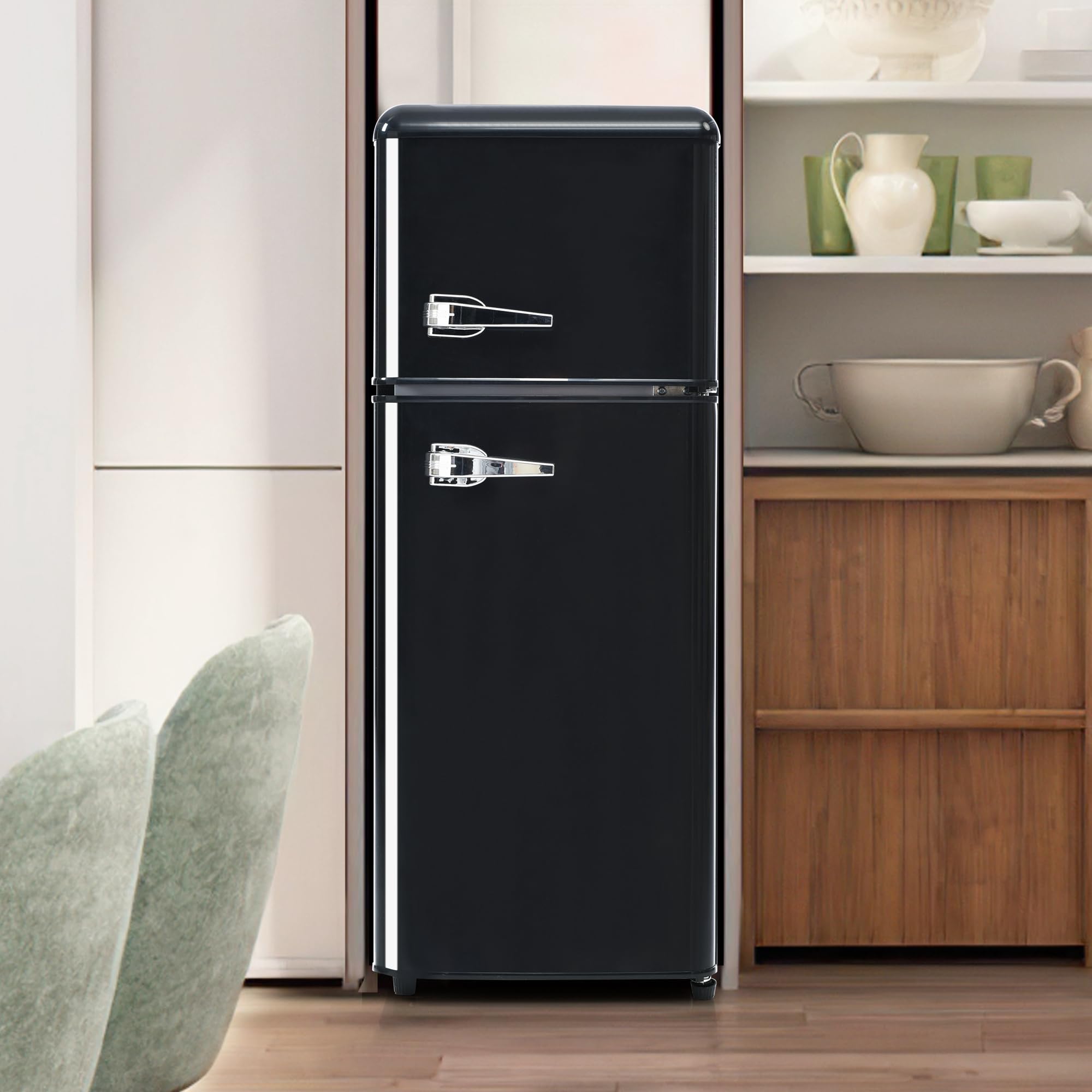 Frigorífico Mini 92L, Frigorifico Pequeño con Congelador (28L+64L), Frigorifico Combi con LED, 105,5x41x45,5 cm Frigorífico no Frost con 2 Estantes Ajustables, 116 kWh/año, -27°C∽13°C (Black)