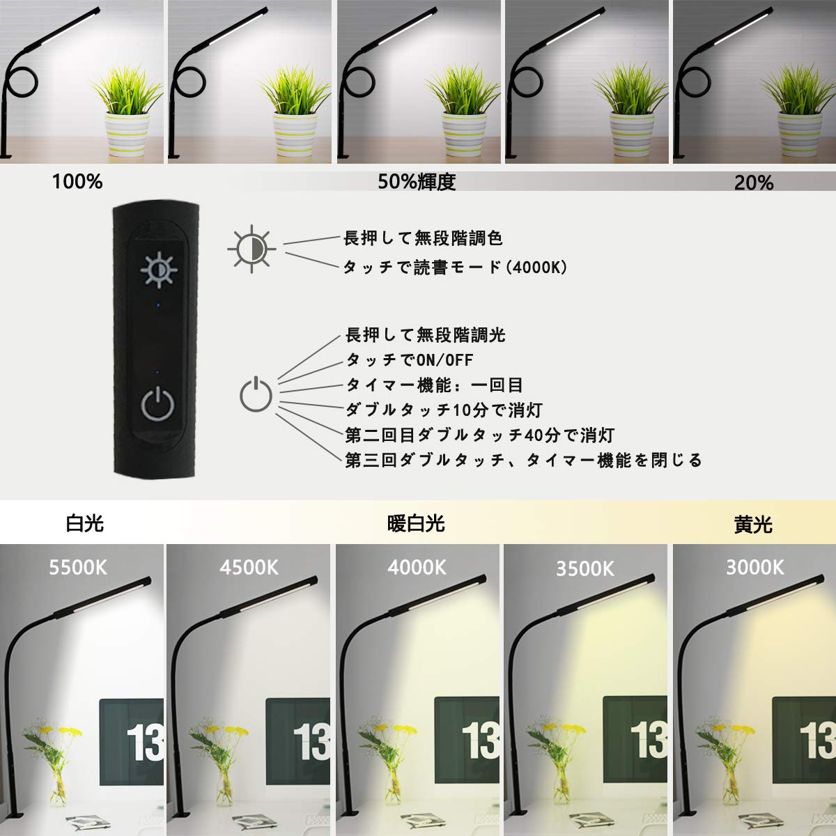 Amazon.co.jp: デスクライト 9W LED目に優しい 電気スタンド 調光&調色
