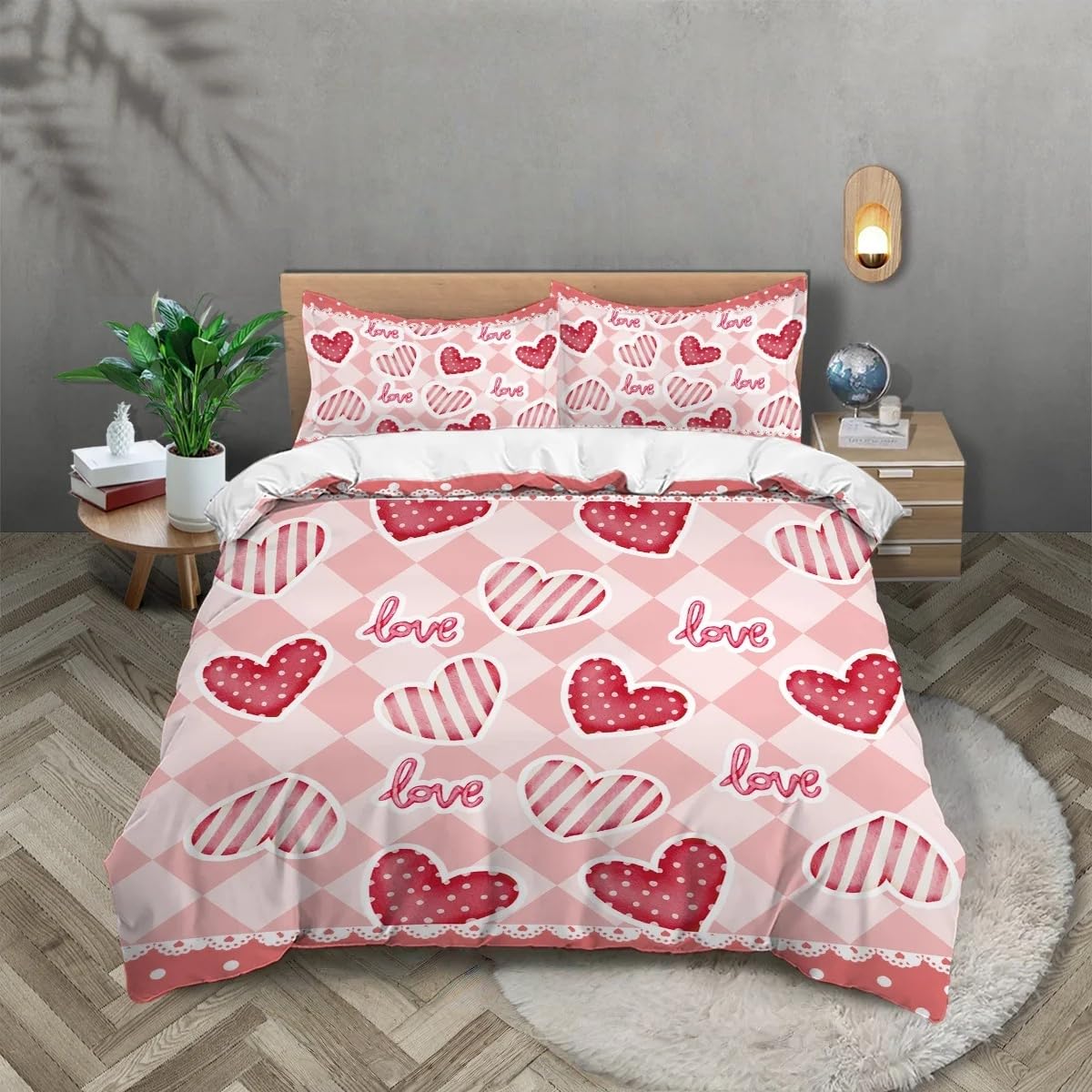 Housse de couette 240x220 rose motif cœur géométrique pour lit king size