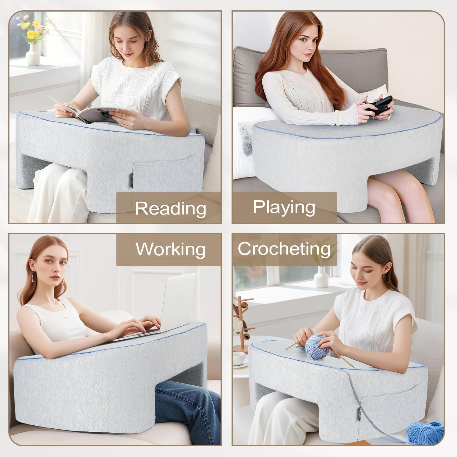 Lap Desk Pillow for Laptop, Memory Foam Reading Pillow for Lap with Arm Rest and Side Pocket, Lap Pillow Desk for Gaming, Working or Crocheting in Sofa, Bed