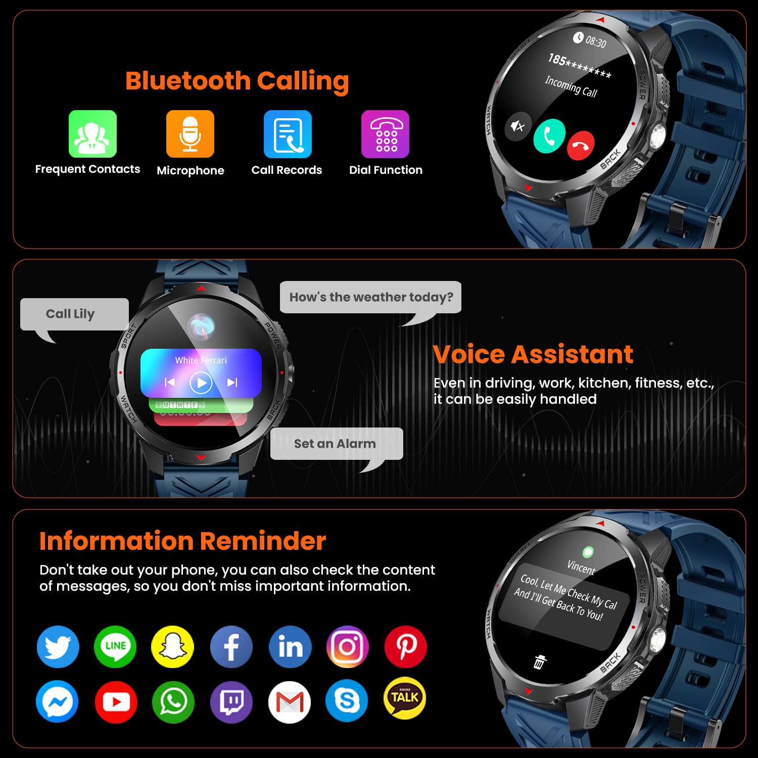 Reloj Inteligente Hombre Smartwatch con Llamada ：1.8" TFT Bluetooth Smart Watch con Linterna LED Brújula 1100mAh 3ATM Impermeable 120+Modos Deportivos Frecuencia Cardíaca SpO2 Sueño para iOS Android