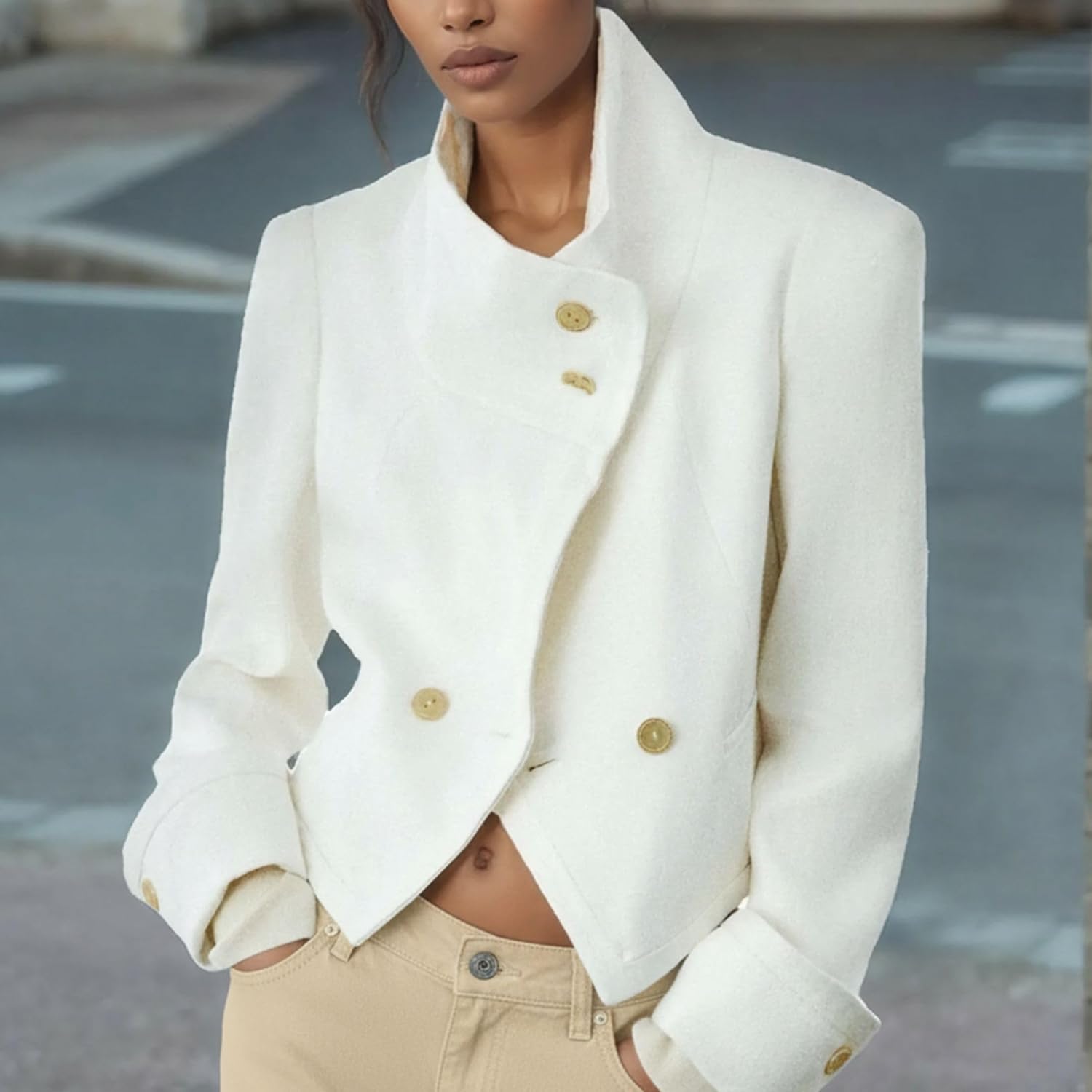 Chevara Women’s Cropped Blazer Jacket Stand Collar Long Sleeve Button Up Coat with Pockets