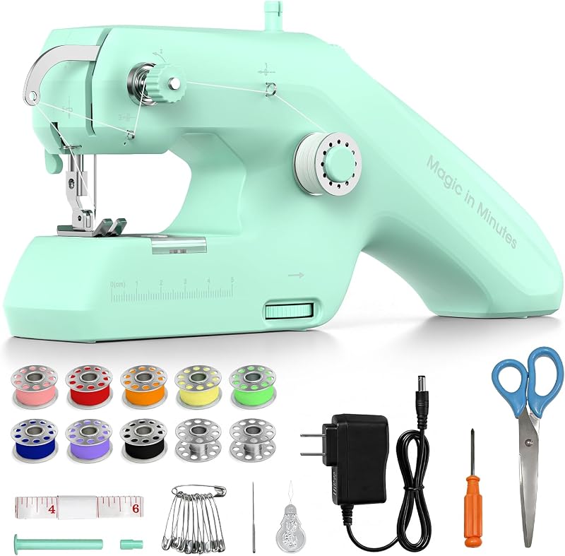 Máquina de coser manual de doble hilo para principiantes con pespunte | Diseño portátil de tamaño pequeño, adecuado para principiantes, alimentado por batería y CC, reparación rápida para ropa, mezclilla, dobladillo y manualidades