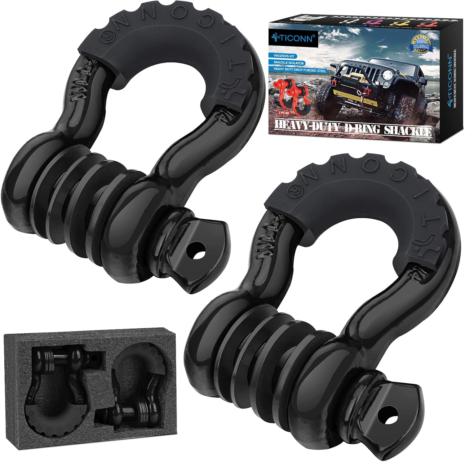TICONN 2 Pack D Ring Shackle with 7/8" Screw Pin 57,000Ibs Break Strength, 3/4" Heavy Duty Shackles with Isolator & Washers for Tow Strap Winch Off Road Vehicle Recovery (Black)