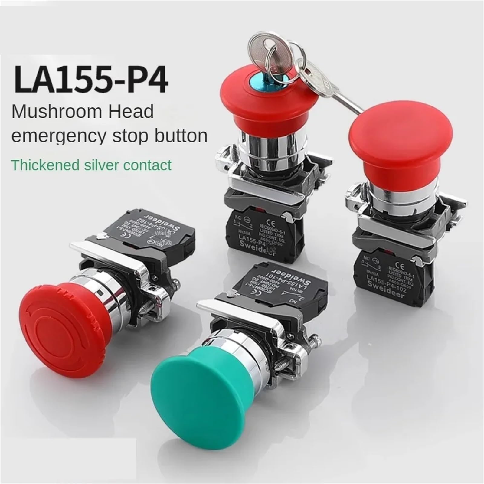22 mm Pilz-Not-Aus-Schalter, 10 A, XB4-Taste, Not-Aus-Druckschalter, 1 Öffner, 1 Schließer, Startschalter, Rot, Grün(Emergency stop 1NC)