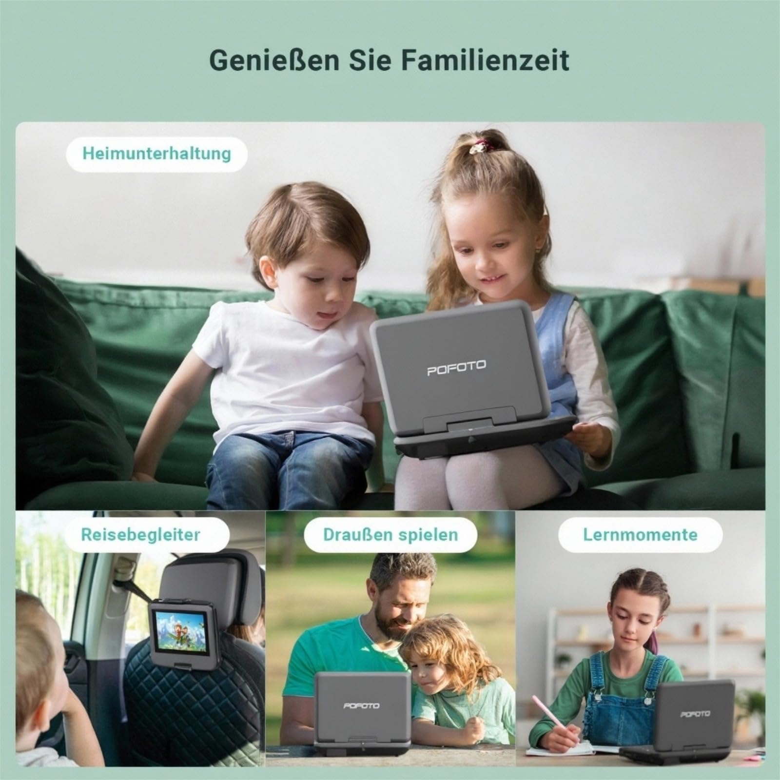 POFOTO 9,5" Tragbarer DVD Player mit 7,5" HD-Schwenkbaren Bildschirm, 4-6 Stunden Akkulaufzeit, DVD Player Auto mit Dual-Lautsprechern, Autoladegerät, Netzteil, Sync TV/USB/SD-Karte (Grau-schwarz)