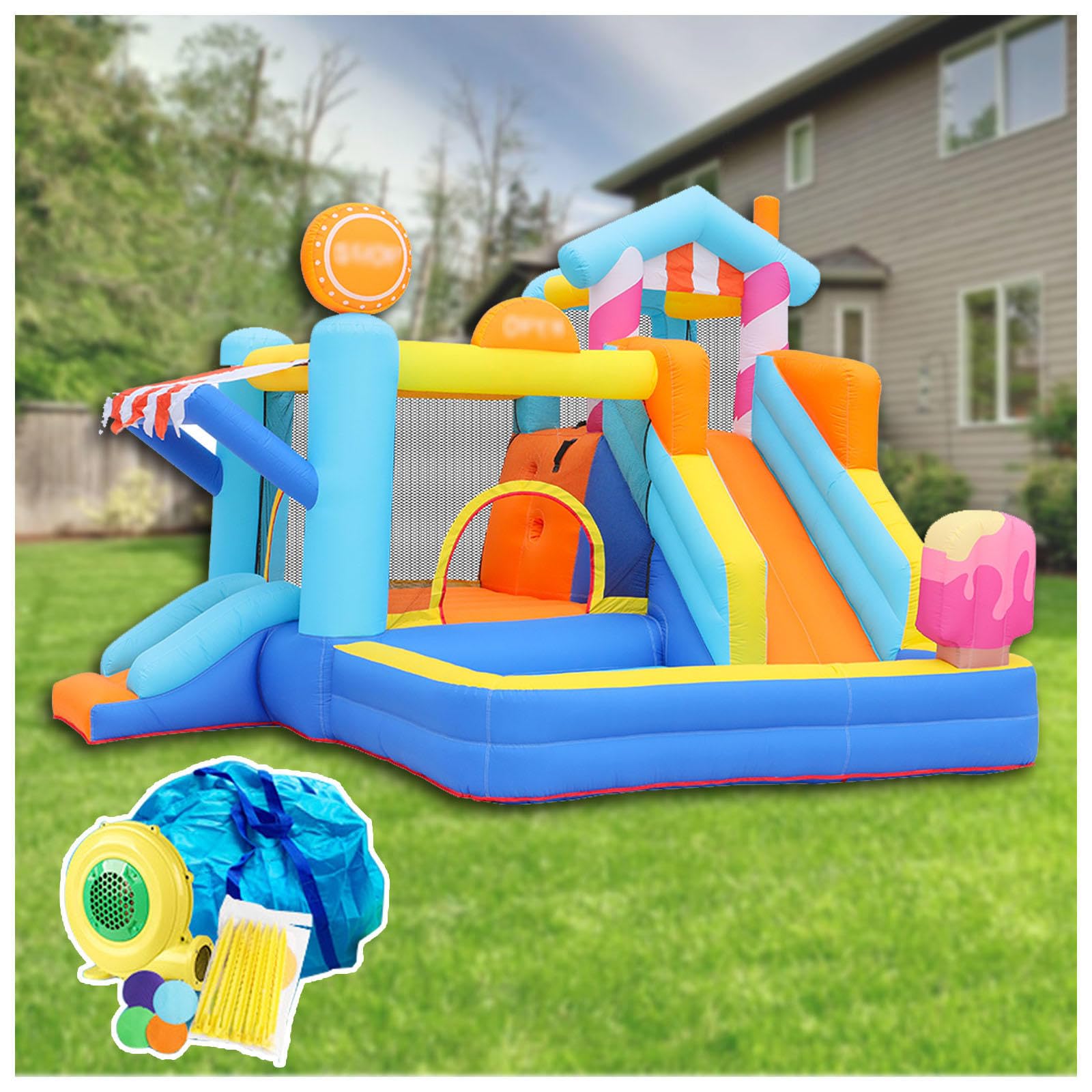 HBDSMLPL Piscina Hinchable con Tobogan con Soplador y Bolsa de Transporte, 4 en 1, Castillo Hinchable para Niños Agua para Jardín Exterior Interior 340 X 320 X 240 cm