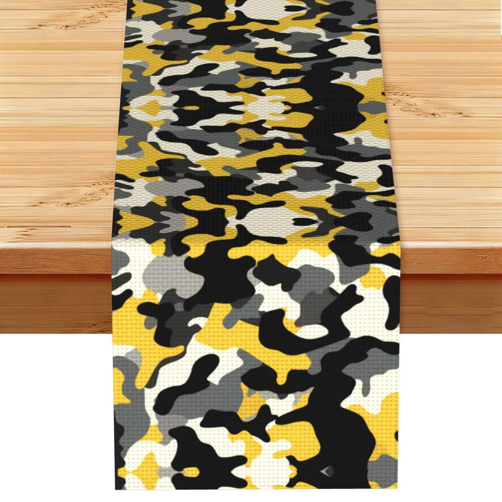 Vibrant Yellow Black Camo Printed Table Runner 13 x 72, Wrinkle Resistant Decor for Dining Table Coffee Table Fireplace