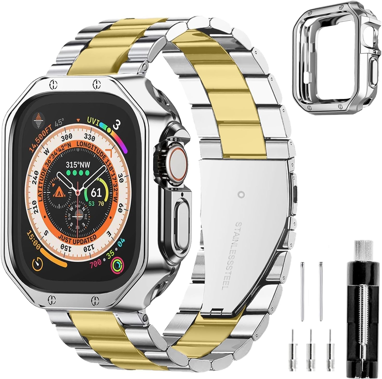 Compatible With Apple Watch Band and Case Iwatch Ultra Series 11 10 9 8 7 6 5 4 3 2 1 SE 42mm 46mm 49mm 45mm 44mm 41mm 40mm 38mm Men Women Classic Executive Classy Stainless Steel Metal Business Gold/Silver 49mm (Ultra 1/2/3)