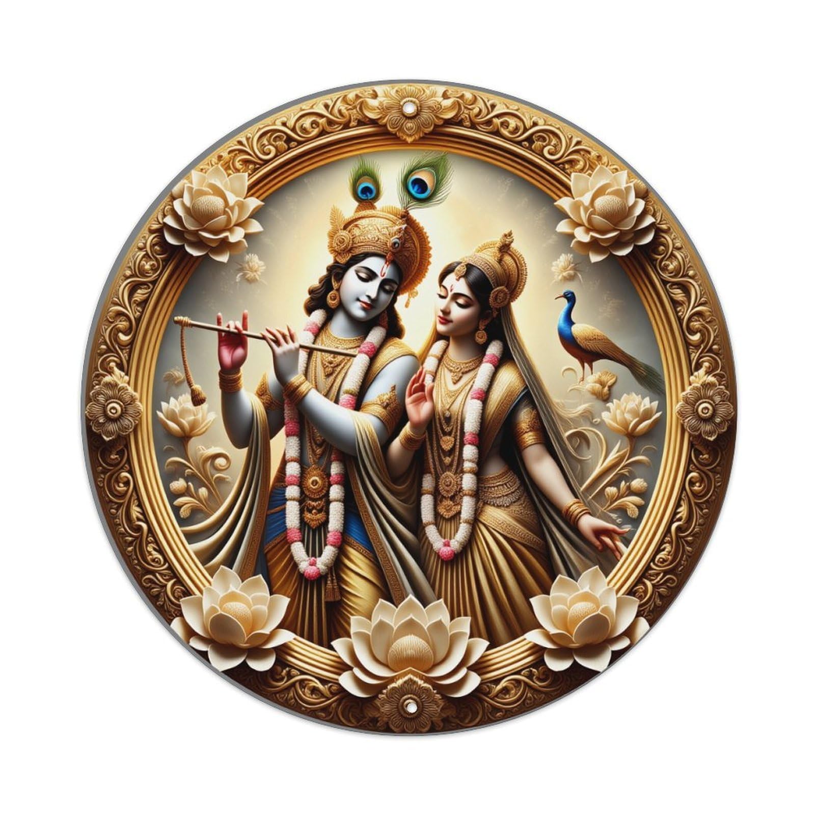 Divine Couple With Flute And Peacock Round Tin Sign Vintage Metal Poster, Home Bar Garage Man Cave Cafe Indoor & Outdoor Wall Decoration 8x8Inches
