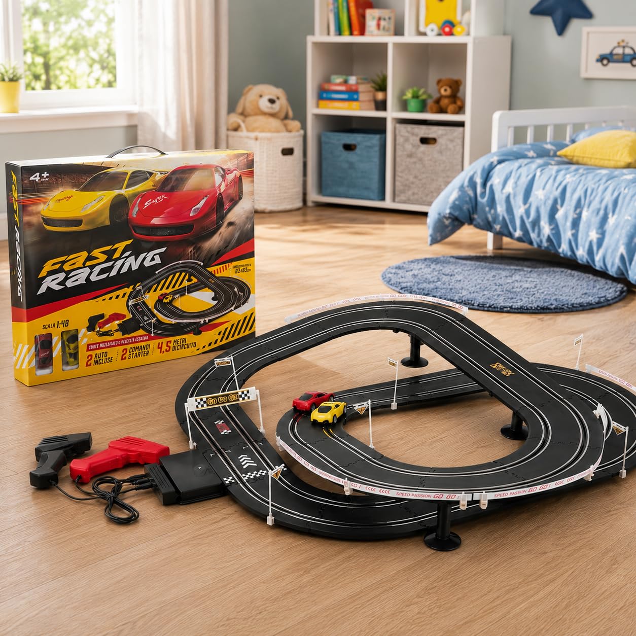 Circuito de carreras de 4,5 metros, pistas de carreras, dos coches, pistas eléctricas, control remoto, circuito eléctrico de carreras, dos coches y controlador (A)