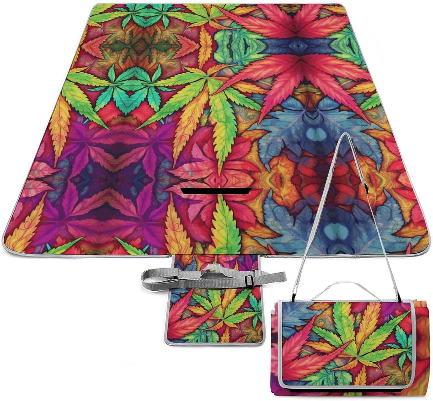 Outdoor Picnic Blanket,Multicolor Leaf Weed Art Print Picnic Blankets,Large Beach Blanket Sand Free Foldable Portable Camping Blanket, 58.3x58.3