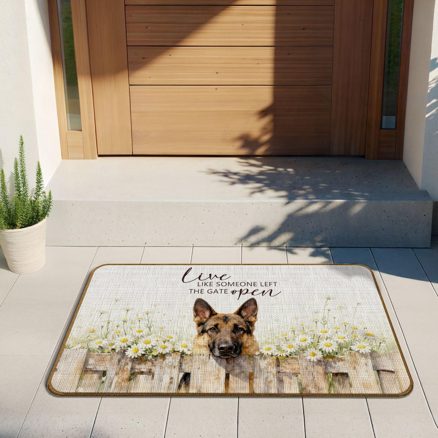 Daisy Floral German Shepherd Doormat, Farm German Shepherd Dog Door Mat for Inside Outside Entrance Porch, Live Like Someone Left The Gate Open Welcome Mats, 17x30 Inches