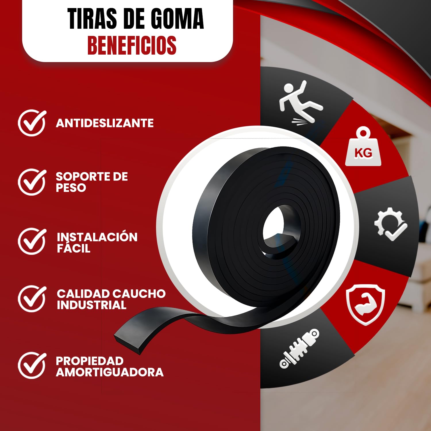 Tiras de Goma SBR en Rollo Antideslizante, Resistentes a Aceites y Alta Durabilidad para Taller, Gimnasio, Aislamiento y Uso Industrial; 25, 50 Y 100 mm Ancho, 1, 3 y 6 m Largo, 3 y 5 mm Espesor