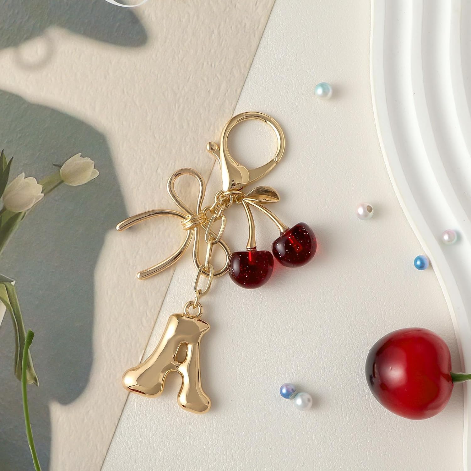 Snycler Bubble Initial Keychain with Bow & Cherry - Gold Letter Bag Charms for Women, Cute Purse Handbag Accessories