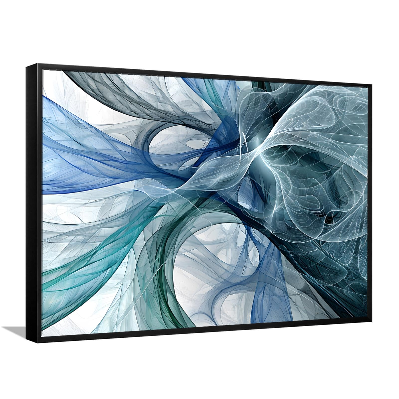 Via Vela Impression d’art mural sur toile de style moderne abstrait bleu vert lignes blanches motif volant affiche peinture oeuvre d’art musée qualité pour salon décor 66x102cm avec-cadre-noir