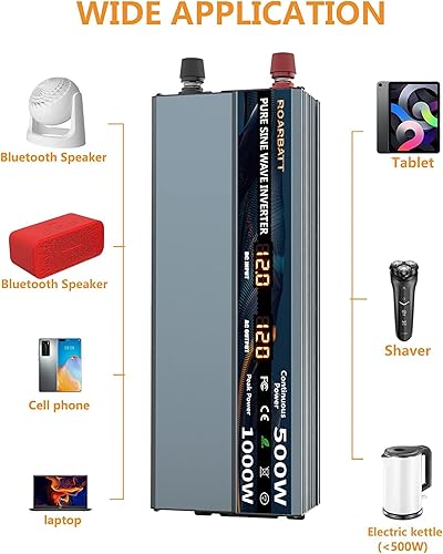 Miniatura 2 de Inversor de corriente de onda sinusoidal pura de 500 W, 12 V CC a CA, 110 V, 120 V, potencia máxima, 1000 W, con 2 salidas de CA, inversor de