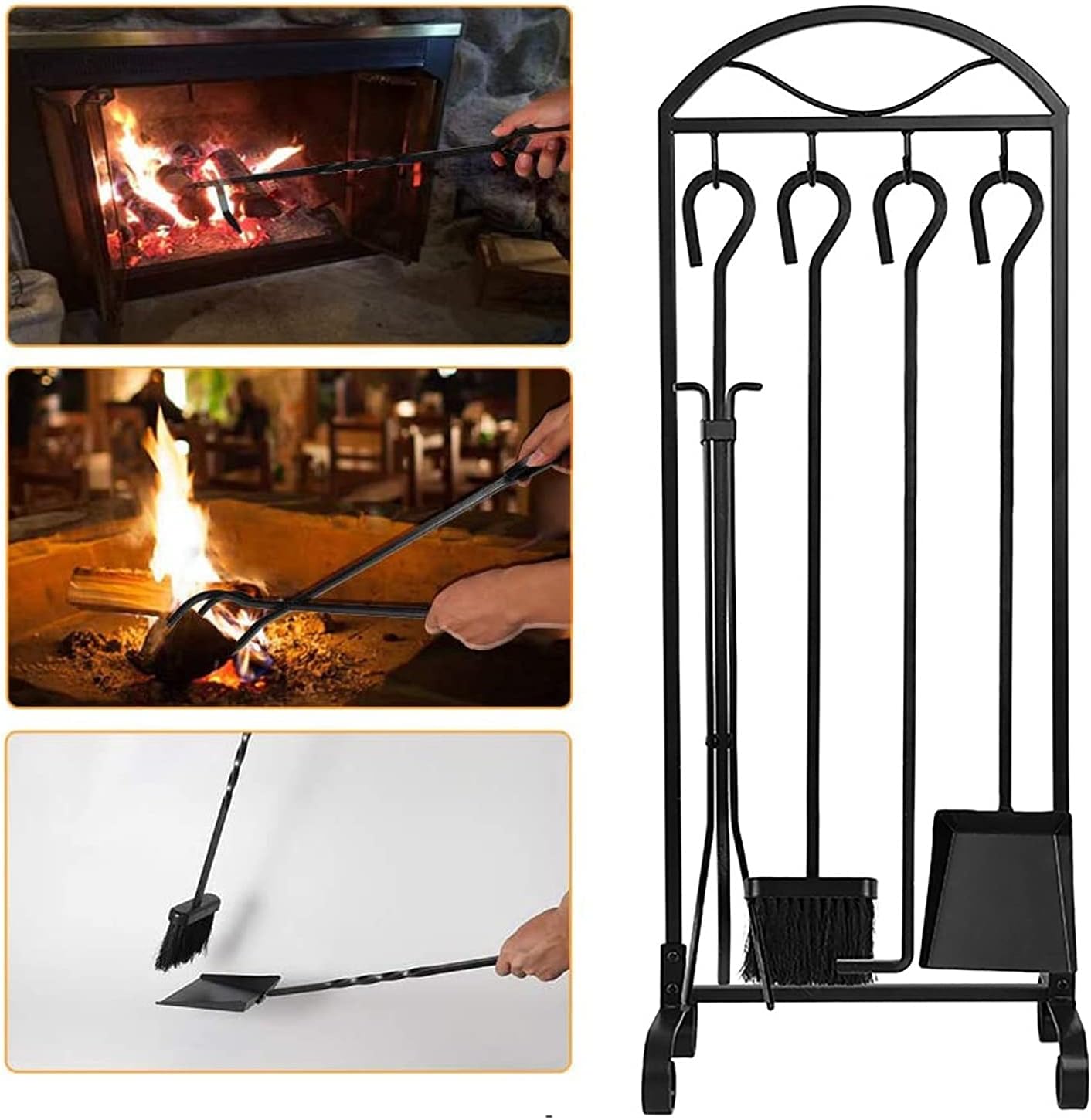 5 Pcs Fireplace Tools Sets- Indoor/Outdoor Modern Black Cast Iron Hearth Tool with Hooks Sturdy Hearth Accessories Kit with Tongs Shovel Brush Poker