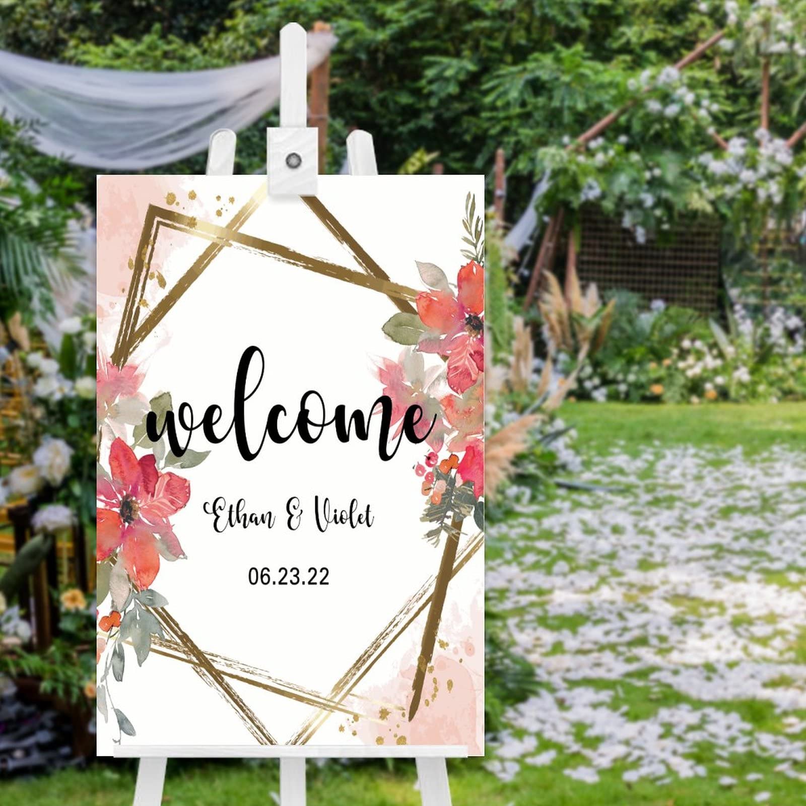 Panneau de bienvenue en bois mariage extérieur 76x50 cm stable au vent