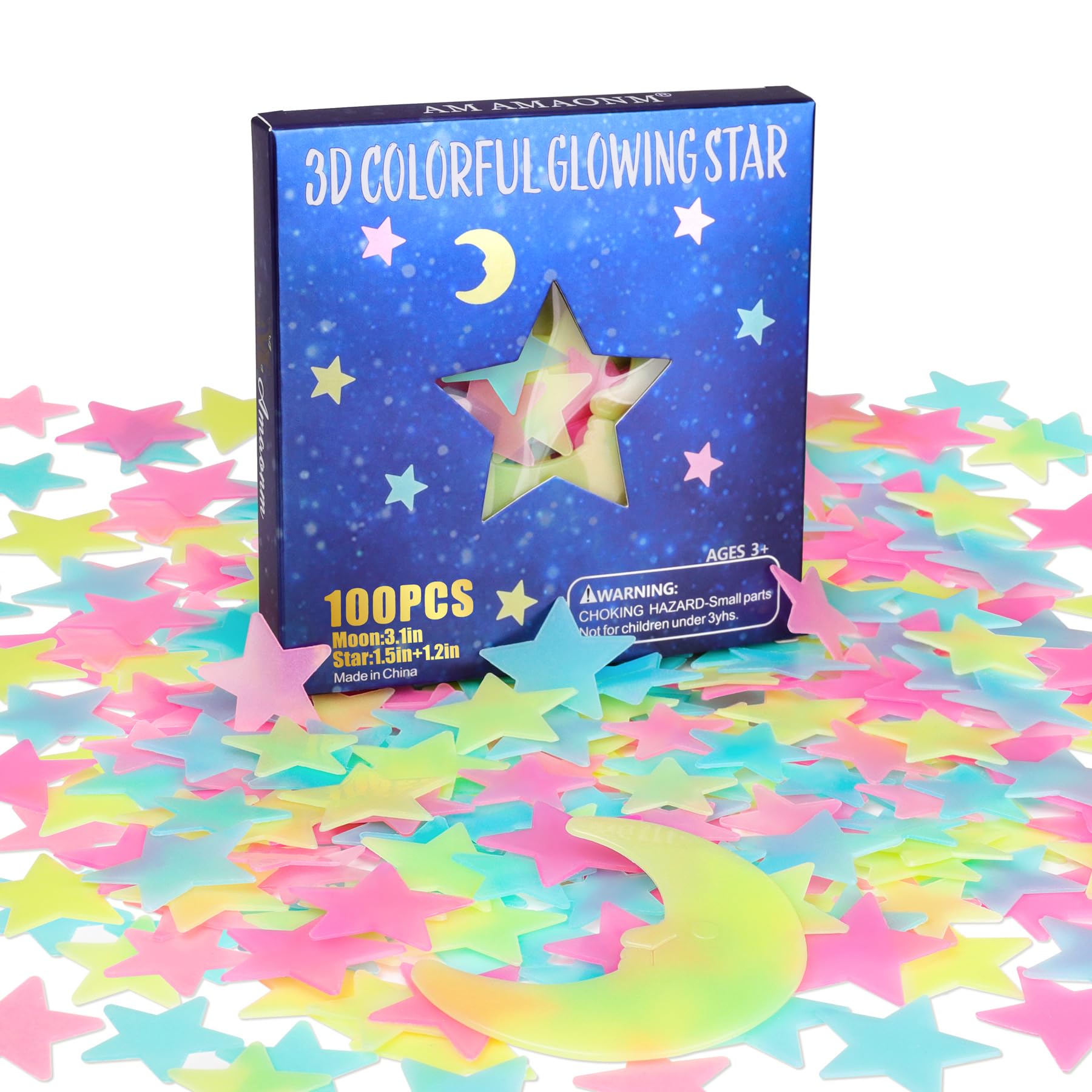 AM AMAONM Glow in The Dark Luminous Stars Fluorescent Noctilucent Plastic Wall Stickers Murals Decals for Home Art Decor Ceiling Wall Decorate Kids Babys Bedroom Room 100PCS Yellow Moon and Stars