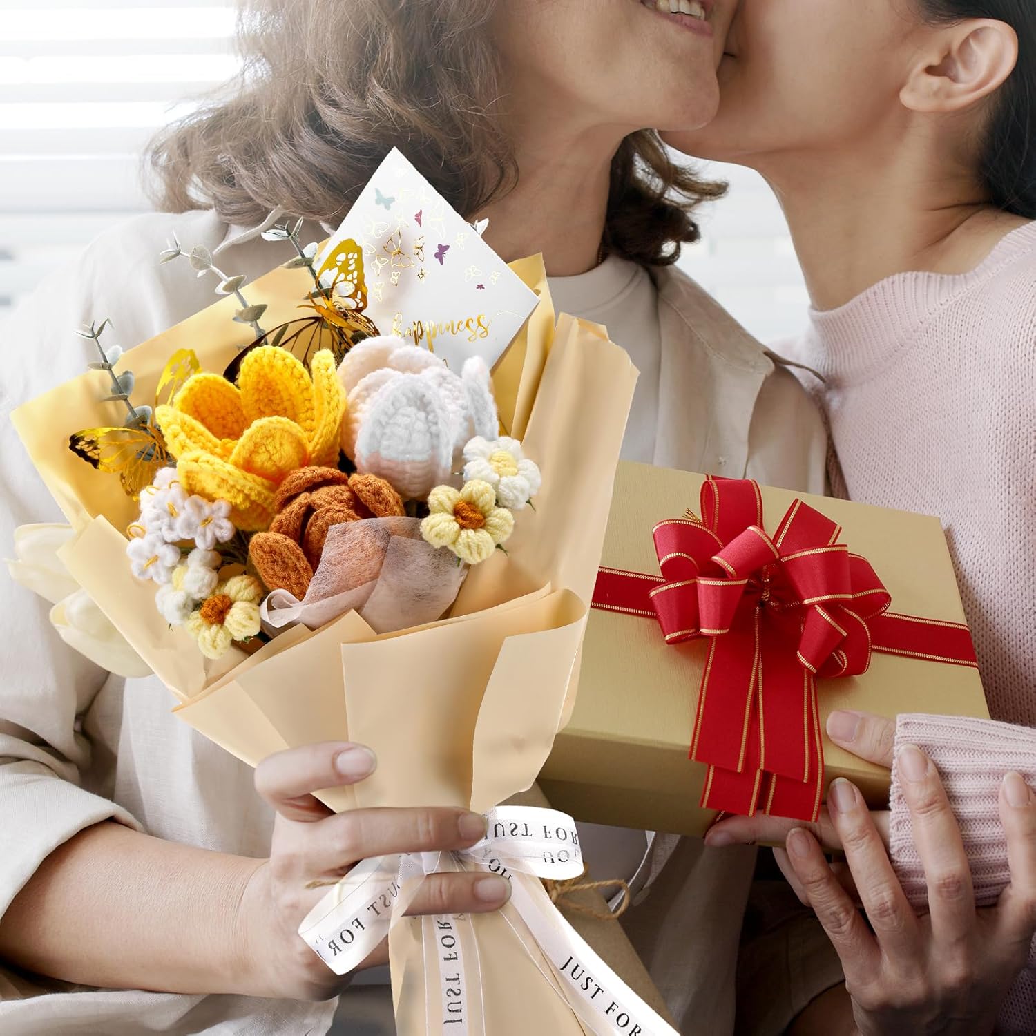 Valentine Gift Crochet Flowers Bouquet Handmade Tulips Knitted Flowers with Butterfly Card for Wife Lover Anniversary Wedding Graduation Birthday Women's Day Mother's Day Teacher(Yellow) - Image 6