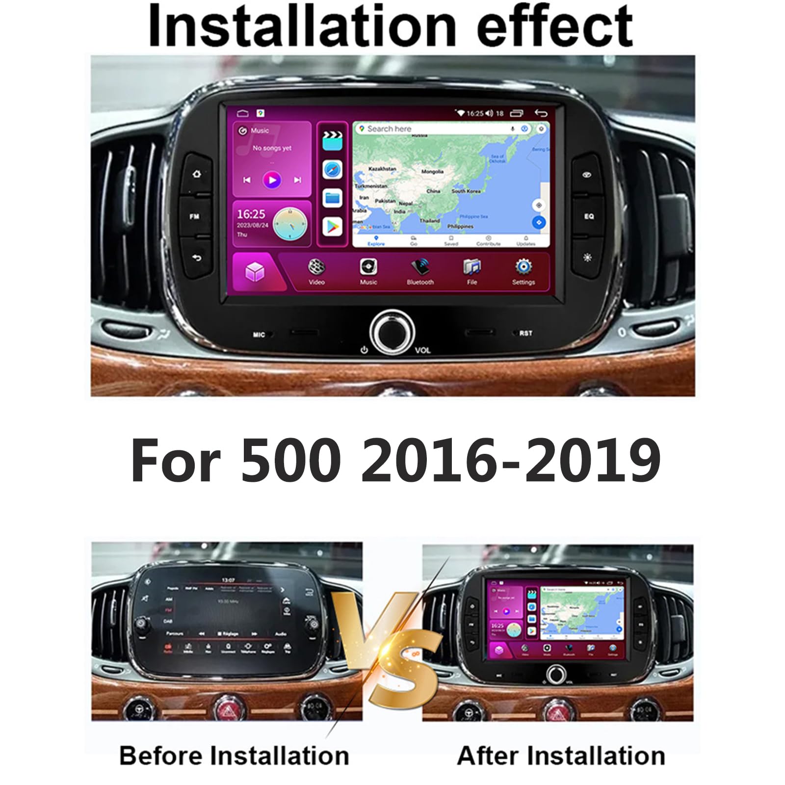 Android 15 Radio Samochodowe do F-iat 500 2016–2019 Obsługa Bezprzewodowego CarPlay i Android Auto, 7-calowy Ekran Dotykowy, GPS, WiFi, Bluetooth, Mirror Link, FM, Sterowanie z Kie(Size:8Core 6+128G)